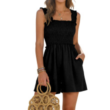 Women's Casual Smocked Rompers Square Neck-Black XXL