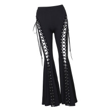 Breathable Lightweight Flare Pants Retro Eyelet Design-Black S