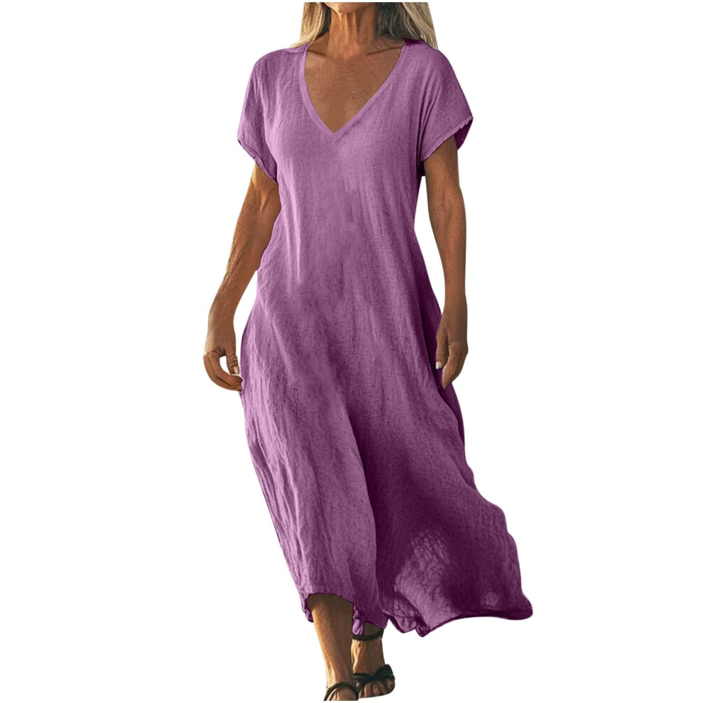 Purple Women's Cotton And Linen Wear V-Neck Bohemian Long- M
