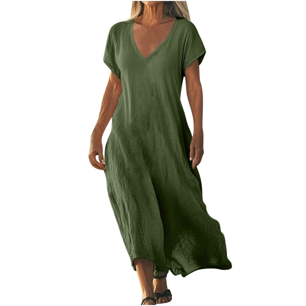 Green Women's Cotton And Linen Wear V-Neck Bohemian -Army M