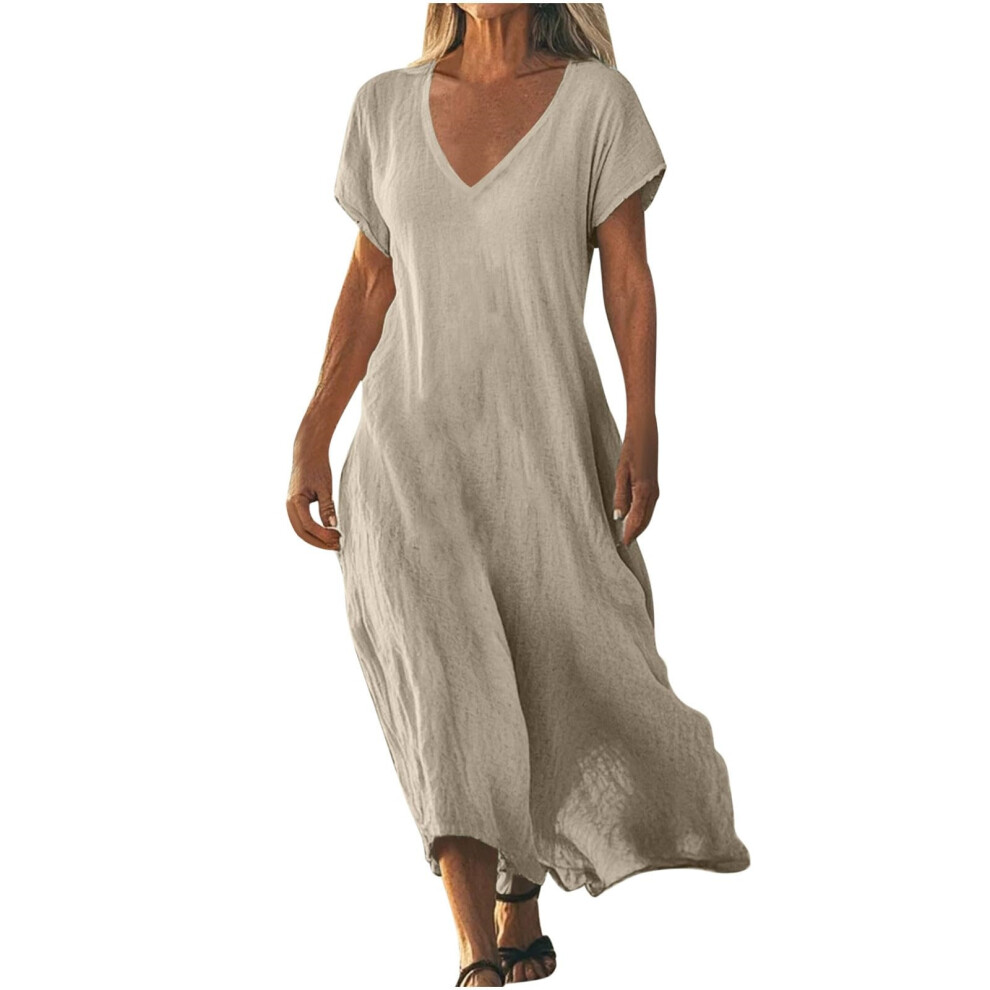Women's cotton and linen  wear V-neck bohemian  long-Khaki XXL