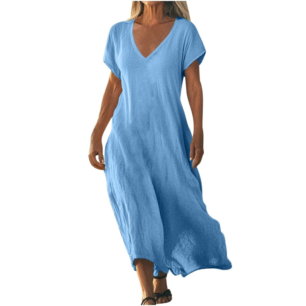 Sky Blue Women's Cotton And Linen Wear V-Neck Bohemian Long- M