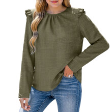 Womens Ruffle Long Sleeve Tops Casual Linen Blouses-Khaki S