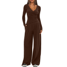 Women's 2-Piece Lounge Set V-Neck Long Sleeve Shirt &-Coffee L