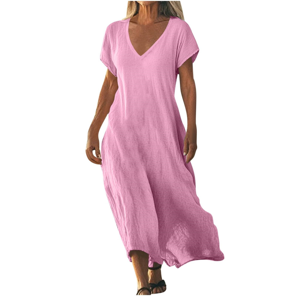 Pink Women's Cotton And Linen Wear V-Neck Bohemian Long- Xl