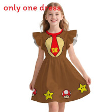 (Brown,130cm)Vestito Bambina Con Carino Disegno Super Mario E Tessuto Poliestere Per Giorni Estate