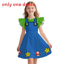 (Blue Green,110cm)Vestito Bambina Con Carino Disegno Super Mario E Tessuto Poliestere Per Giorni Estate
