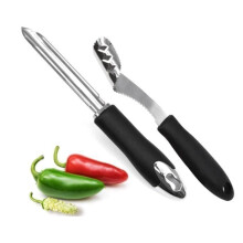 ruostumattomasta teräksestä valmistettua paprikanpoistajaa, joissa on sahalaitainen reuna ja kumikahva jalapenoille, chileille ja paprikoille.
