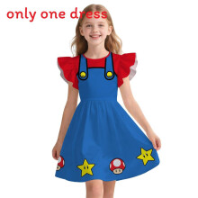 (Blue Red,130cm)Vestito Bambina Con Carino Disegno Super Mario E Tessuto Poliestere Per Giorni Estate