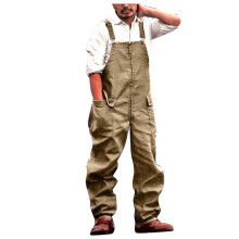 (Yellow, L) Casual Retro Overalls for Men - Loose Fit Large Size Cargo Pants
