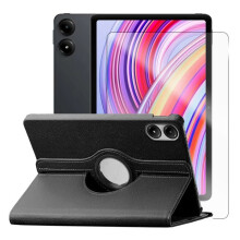 Karkaistusta lasista valmistettu näytönsuoja + pyörivä keinonahkainen suojakuori Xiaomi Redmi Pad Pro 12.1":lle - Musta - Yuan Yuan -