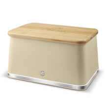Swan Nordic Bread Bin with Iron Body, Non-Slip Base, Stylish Soft Touch Matt Finish and Acacia Wood Pull Up Lid, 16L, Oatmeal, SWKA18523OAT