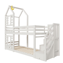 Lit enfant superposé cabane 90x200cm avec tiroirs et barrières de sécurité,lit mezzanine blanc avec 2 sommiers à lattes,sans matelas