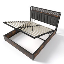 (160x200cm) Lit double rembourré métal avec LED, tête de lit USB et sommier à lattes en bois, sans matelas