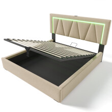 (140x200cm) Lit double rembourré avec LED,ports USB/Type-C,coffre de rangement et sommier à lattes,sans matelas