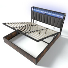 (180x200cm) Lit double rembourré métal avec LED, tête de lit USB et sommier à lattes en bois, sans matelas