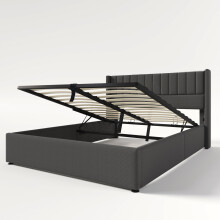 (Grey, 180x200cm) Lit double rembourré hydraulique avec coffre de rangement, sommier à lattes et cadre métallique