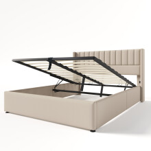 (Beige, 140x200cm) Lit double rembourré hydraulique avec coffre de rangement, sommier à lattes et cadre métallique