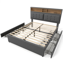 (Grey, 160x200cm) Lit double rembourré avec 4 tiroirs,prise USB-C,tête réglable et sommier à lattes,sans matelas