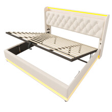 (White, 180x200cm) Lit simple rembourré,LED,télécommande,tête USB-C,rangement hydraulique,sans matelas