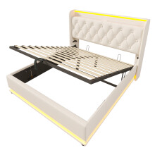 (White, 140x200cm) Lit simple rembourré,LED,télécommande,tête USB-C,rangement hydraulique,sans matelas