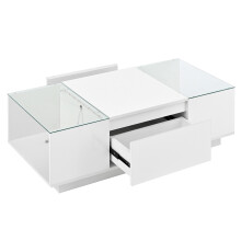 (White) Table basse moderne,minimaliste,rangement,LED d’ambiance,plateau en verre et 2 tiroirs