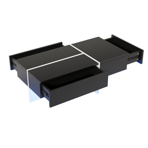 (Black) Table basse laquée, imitation marbre,, salon, LED pilotée par app