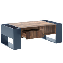 Table basse effet bois, 1 tiroir sans poignée, compartiment avant et arrière, double rangement des deux côtés, anthracite