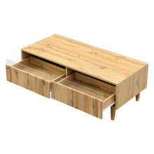 (Wood) Table basse moderne LED,plateau ondulé,pieds bois,2 tiroirs,bande LED multicolore