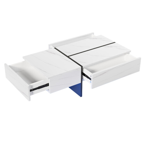(White) Table basse laquée, imitation marbre,, salon, LED pilotée par app