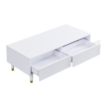 (White) Table basse moderne LED,plateau ondulé,pieds bois,2 tiroirs,bande LED multicolore