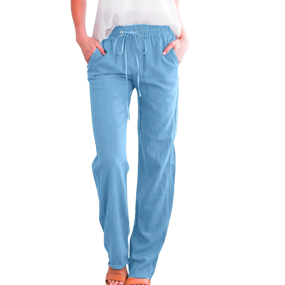 Light/Blue Cotton Linen Pants For Women Baggy Casual Palazzo- L