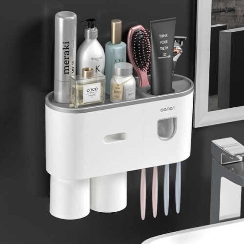 Automatic Toothpaste Dispenser - Wall Mounted - 4 Slots - 2 Cups - White
