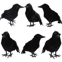 Black Crows with Halloween Feathers, Set of 6 Halloween Decorations with Real Feathers