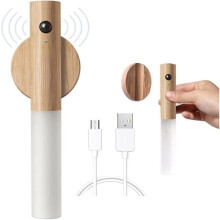 USB Rechargeable Wooden Wall Light with Motion Sensor, Indoor Wireless Battery Powered Wall Lights White C[H4]