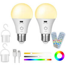USB C Rechargeable Battery Light Bulb with Remote Control - E27 RGB Smart Bulb - 3 Color Temperatures - 2000mAh - 5W - 2 Pack