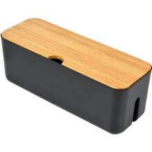 Cable Management Box with Wooden Lid, Cord Storage Box to Cover and Hide Computer Cables, Black