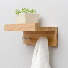 Wall-Mounted Bamboo and Metal Towel Rack/Coat Rack with 2 Hooks for Bathroom/Wardrobe