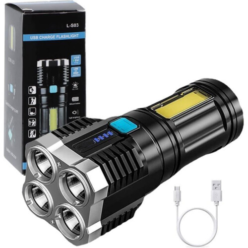 Super Bright LED Flashlights, USB Rechargeable Flashlight with Side Light, 4 Modes, Powerful COB Lumens