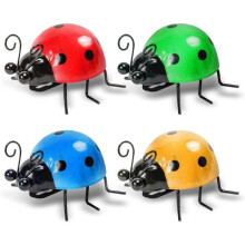 4-piece set – Red, yellow, blue, and green metal ladybug wall decorations – Cheerful decor for garden, balcony, patio, or exterior