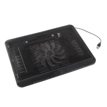 Black laptop cooler with large fan, USB support for models 14 inches or smaller.