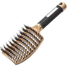 Gold curved and ventilated boar bristle hairbrush for women with long, thick, curly, and tangled hair