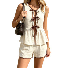 (S, White) Women Shorts Set Contrast Trim Sleeveless Tie Front Ruffled Hem Tops and Shorts 2 Piece Casual Lounge Outfits