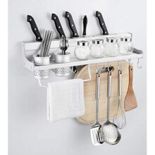 Wall-Mounted Kitchen Shelf, Multifunctional Spice Rack, Kitchen Organizer for Hanging Kitchen Utensils with 10 Hooks