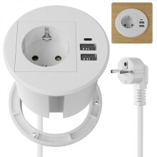 Recessed power strip with 1 outlet, 2 USB-A ports and 1 USB-C port, Ø 80mm, for desks, worktops, furniture, white