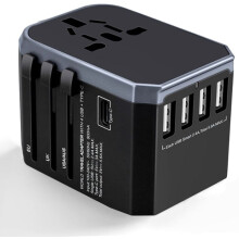 All-in-One Travel Adapter with 4 USB 5.6A and 1 USB-C, Frosted Universal Plug Adapter (France to UK, USA)