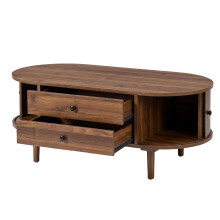 (Walnut) Table basse ovale, lattes verticales, 2 portes coulissantes, 2 tiroirs, MDF