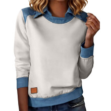 Waffles Knit Tops with Denims Collar for Women-apricot gray XL