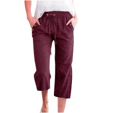 Women's cotton and linen casual straight wide-leg-Burgundy XL