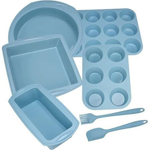 7-Piece Blue Cake Pan Set for Toast, Bread, and Pastry Baking - Rectangular and Round